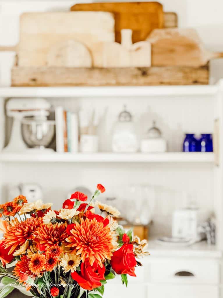 Winter White Farmhouse Kitchen open shelving.