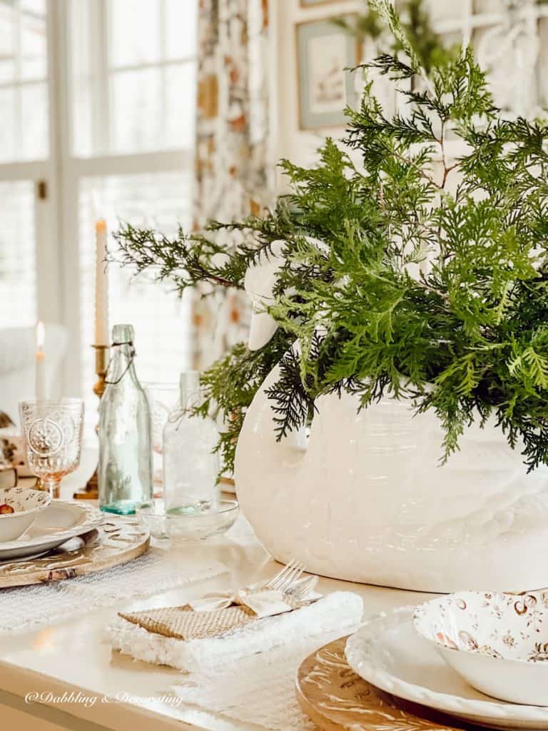 Setting a Winter Table with Vintage Blue Bottles