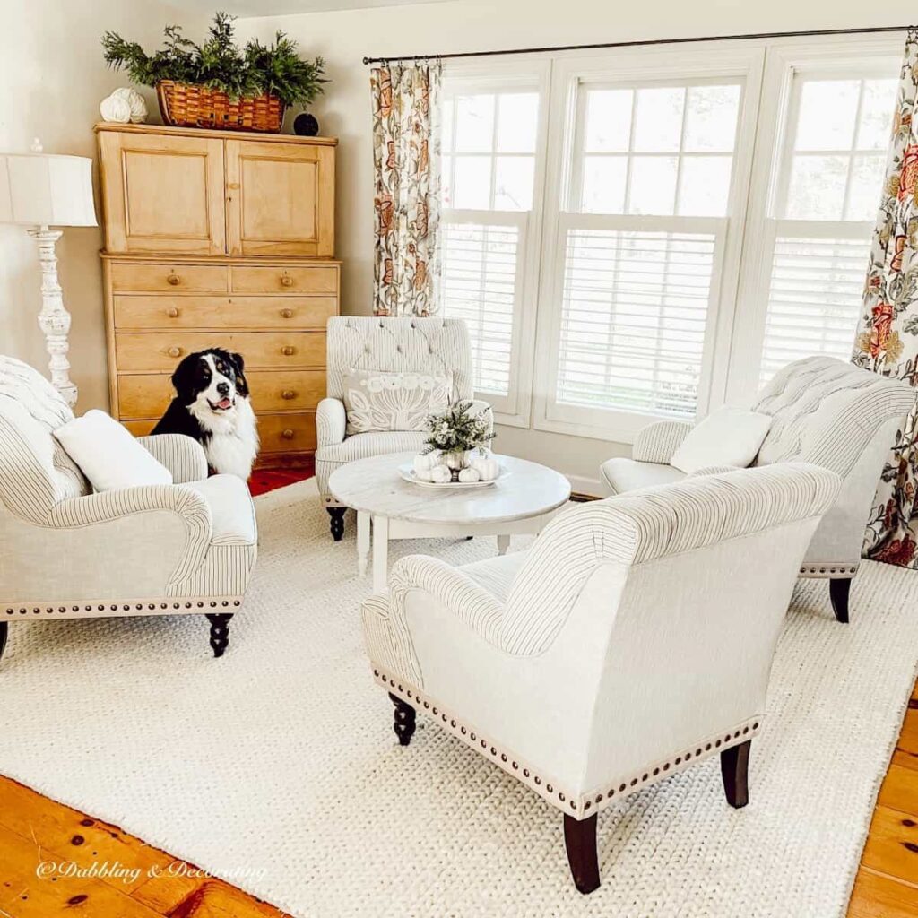 Conversation Room with four white chairs around a small marble coffee table on a white rug with a vintage pine hutch and three tall windows.