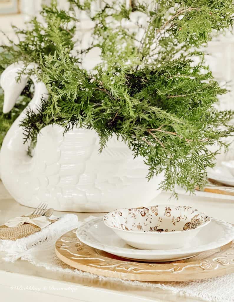 Farmhouse Dining Room Table Swan with greenery Centerpiece