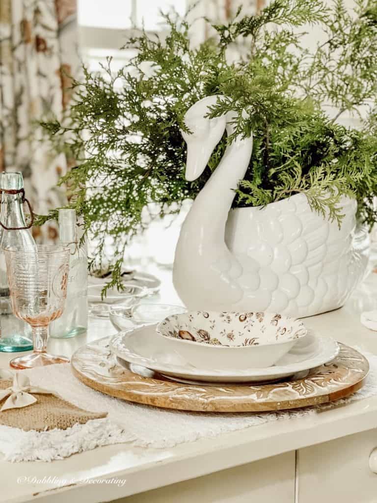 Farmhouse Dining Room Table Swan Centerpiece