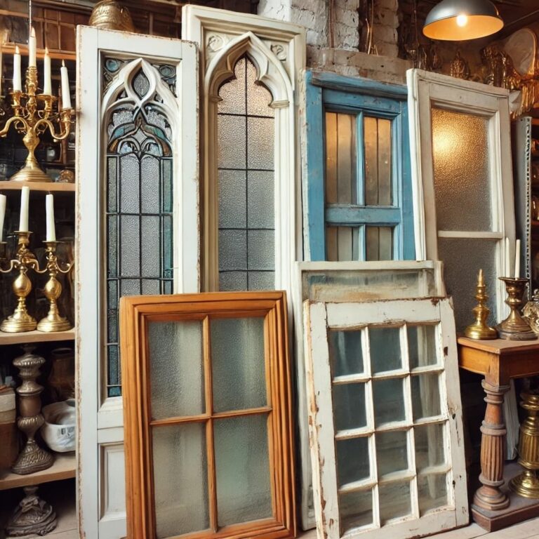 Different salved windows in wood, white, and blue layered in an antique store with brass candlesticks.