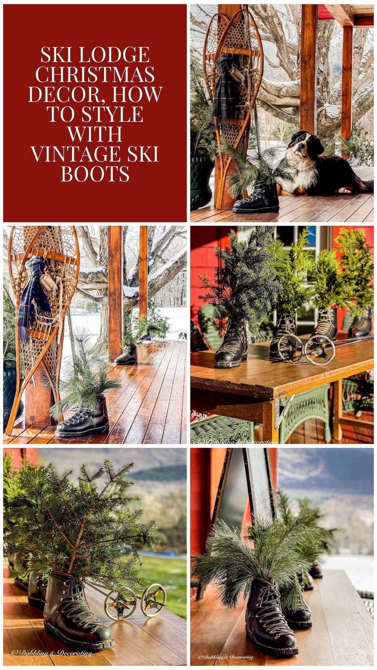 Ski Lodge Christmas Decor, How to Style with Vintage Ski Boots photo collage