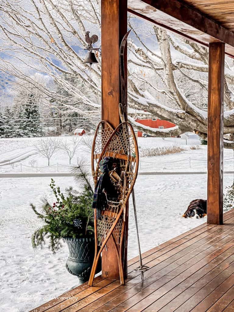 Vintage Ski Lodge Porch with Snowshoes