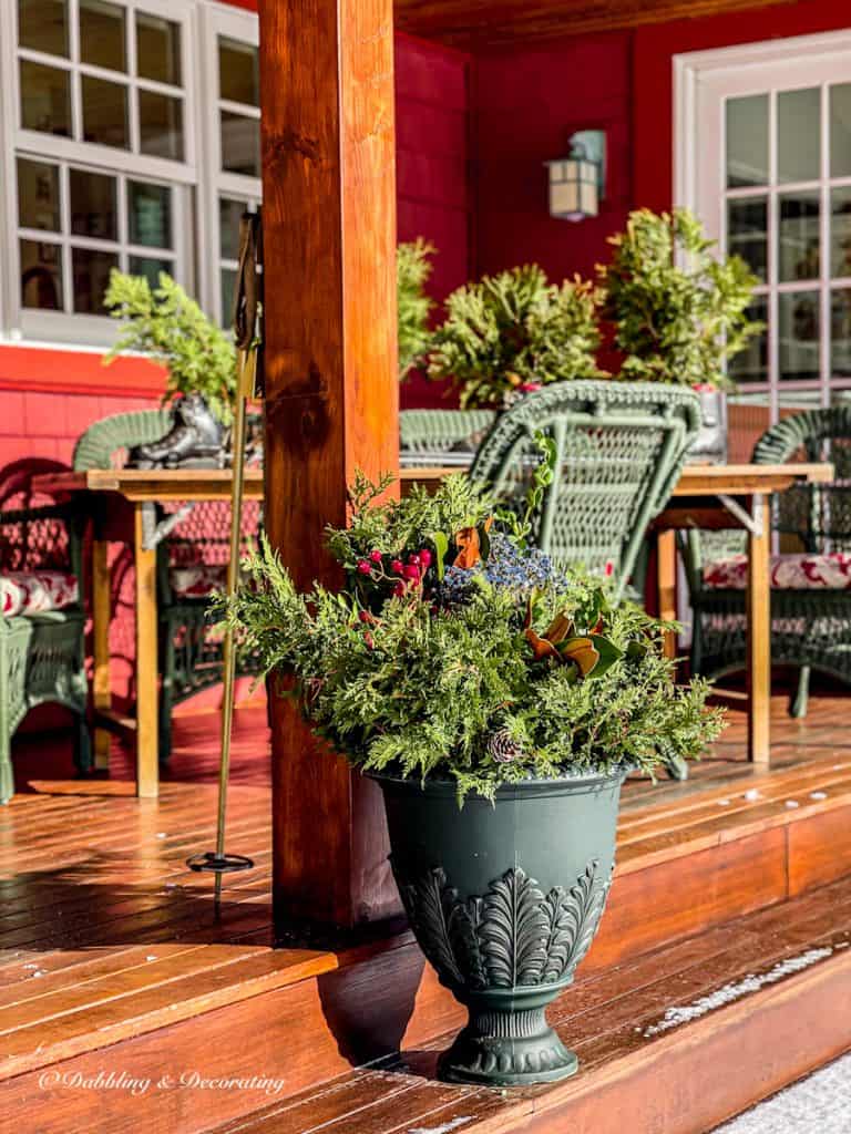 Evergreen Urns on Porch