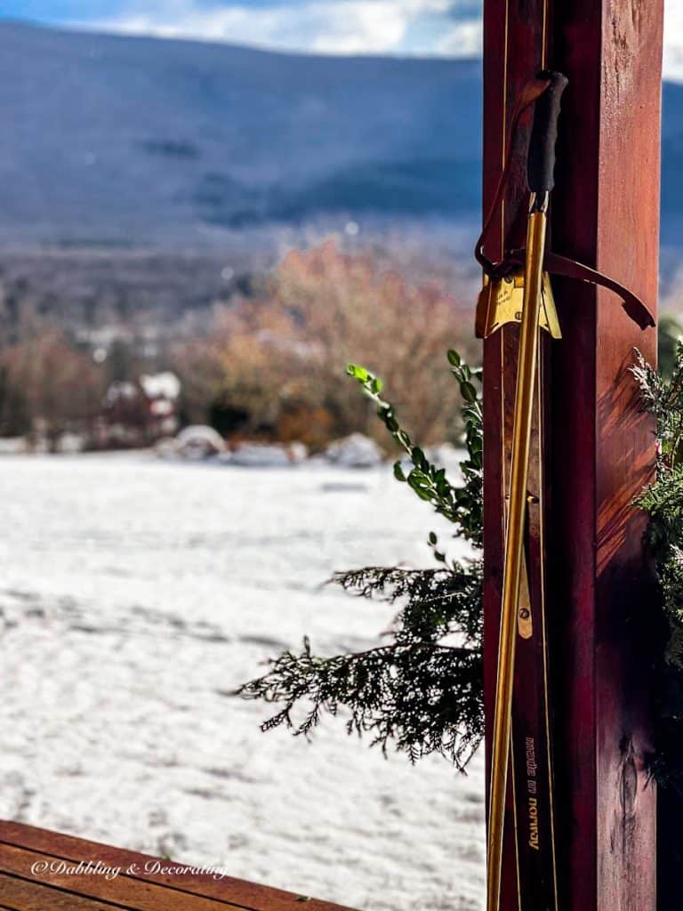 Ski Lodge Vintage Skis and Winter Evergreens