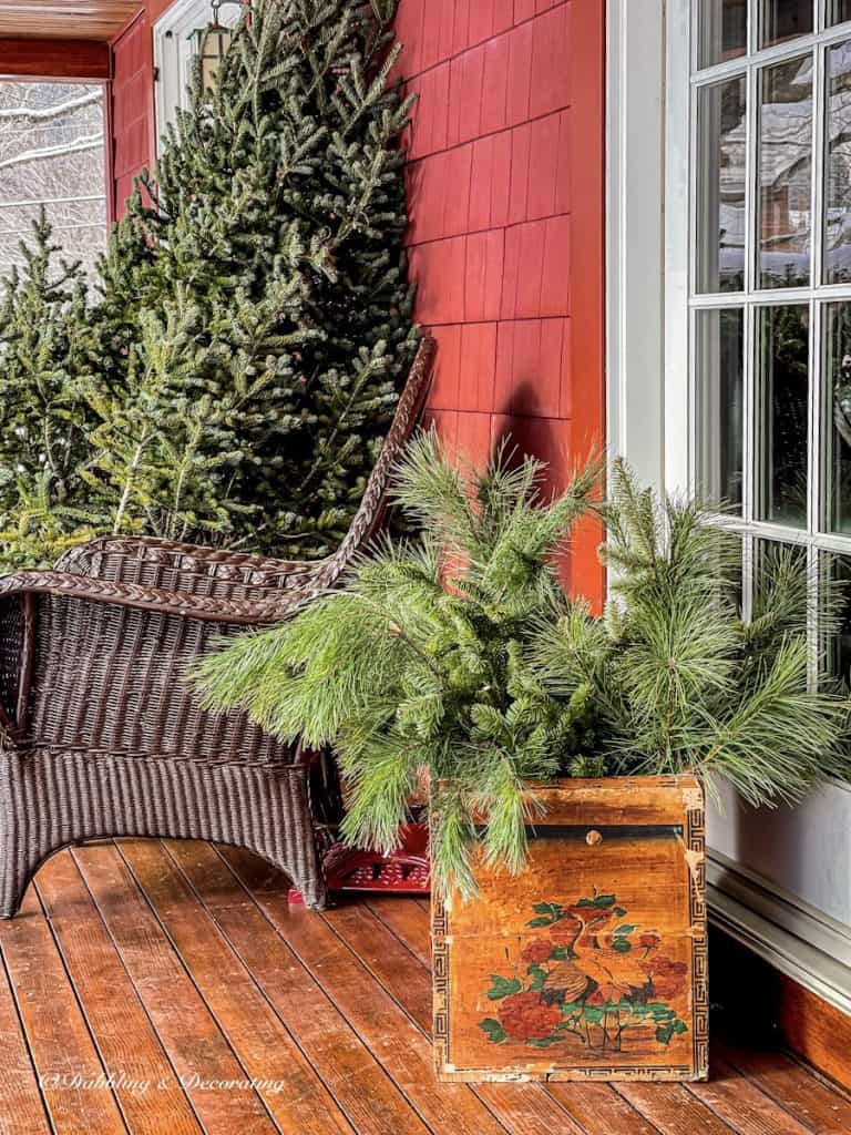 Vintage Ski Lodge Crate with Greens and Tree