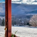 Ski Lodge Vintage Skis and Winter Evergreens