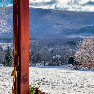 Ski Lodge Vintage Skis and Winter Evergreens