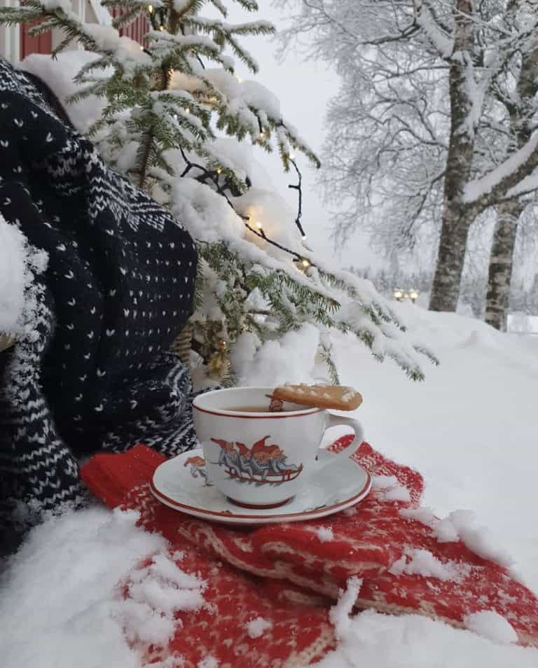 Teacup in the snow next to outdoor Christmas tree with red mittens.