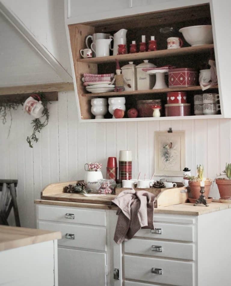 Winter Style Cupboard with red and white details in home in Sweden.