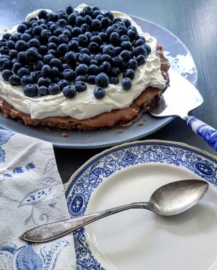 Blueberry Cake on blue plate and details in Swedish home.