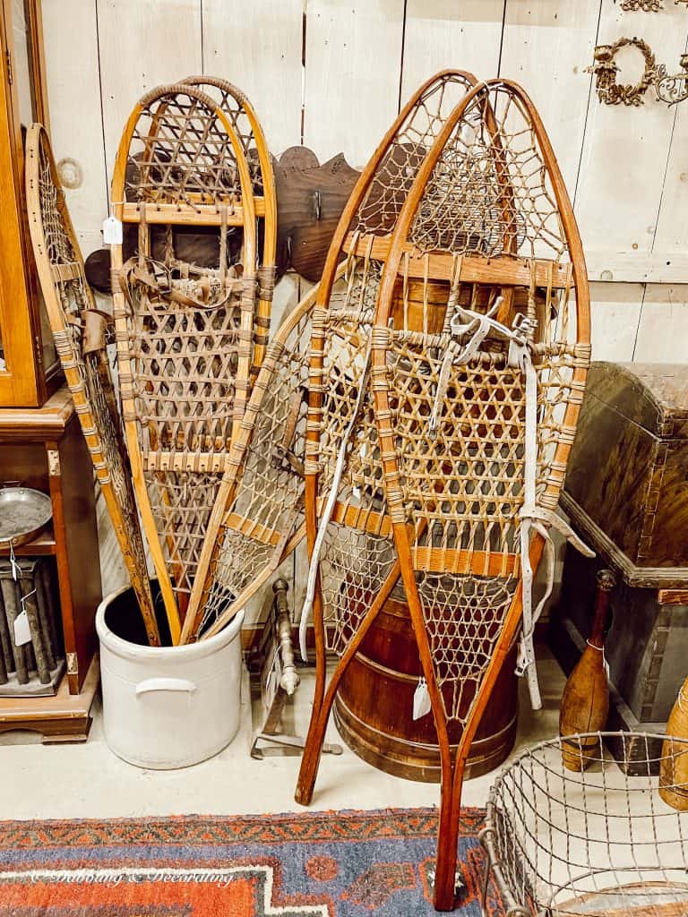 Antique wooden snowshoes in antique store.