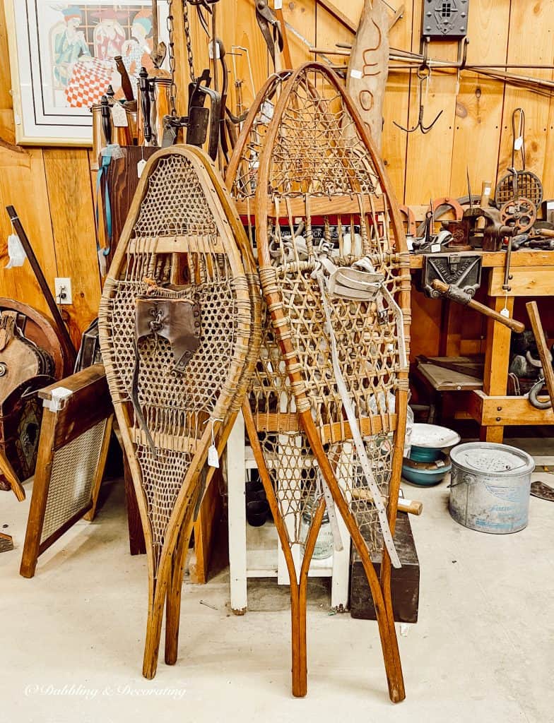 Wooden snowshoes in antique store.