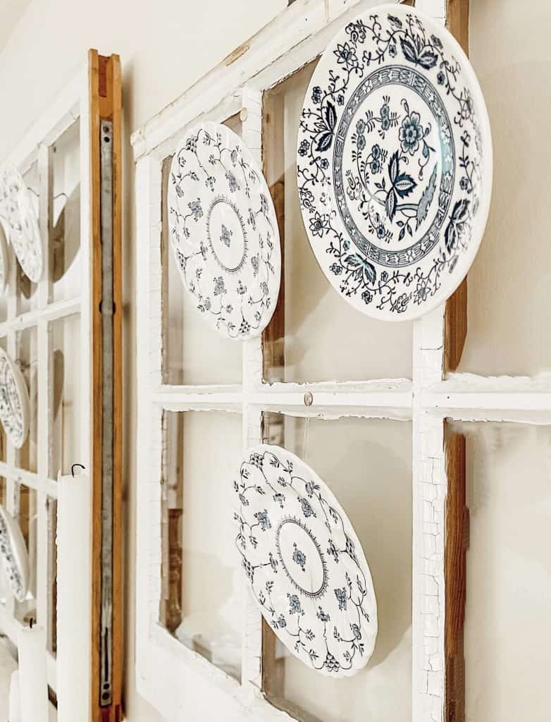A Very Simple Vintage Plates and salvaged Windows DIY