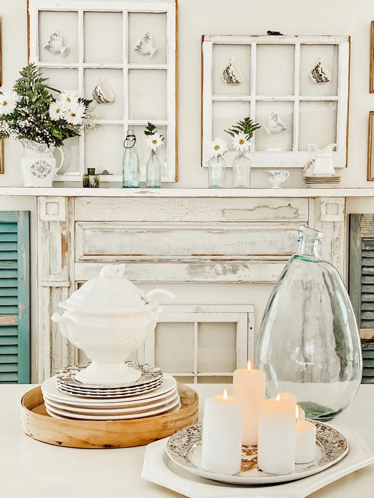 A Vintage Teacup Spring antique fireplace Mantel in farmhouse decor.