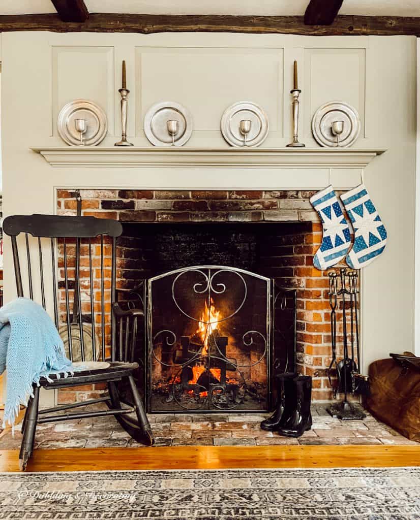 Fire in the Fireplace on a cozy snow day at home.