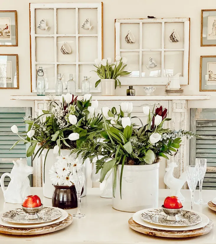 Antique Crocks with White Tulips