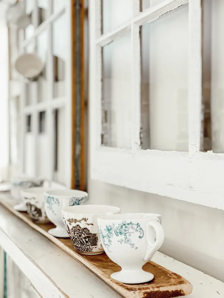 A Vintage Teacup Spring Mantel with salvaged windows