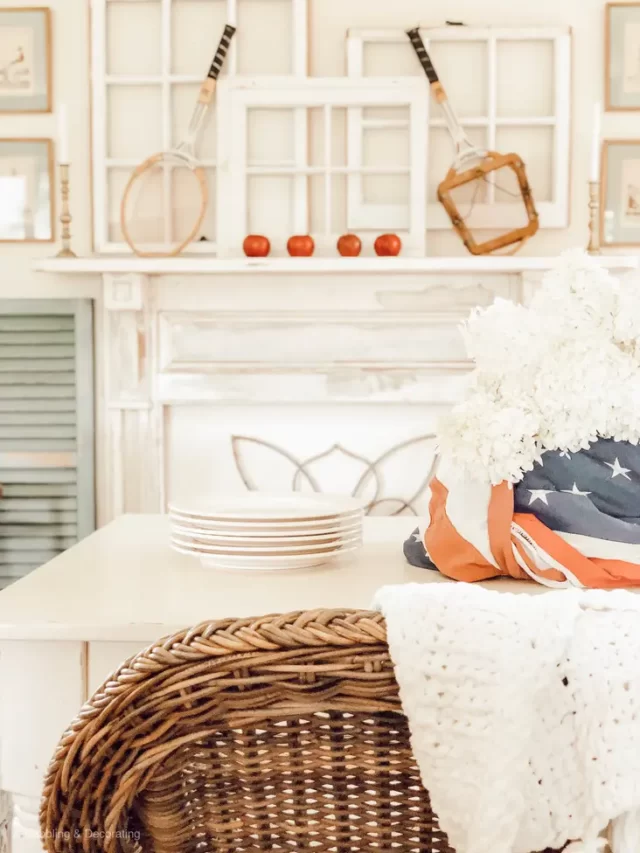 Vintage Patriotic Decor on Vintage Mantel with Tennis Rackets