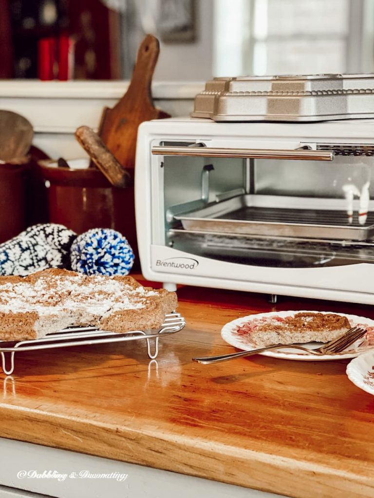 Toaster oven and shortbread dessert.