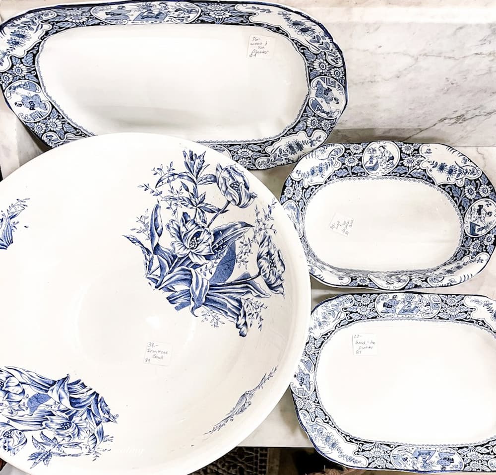 Spring Thrifty blue and white dinnerware platters.