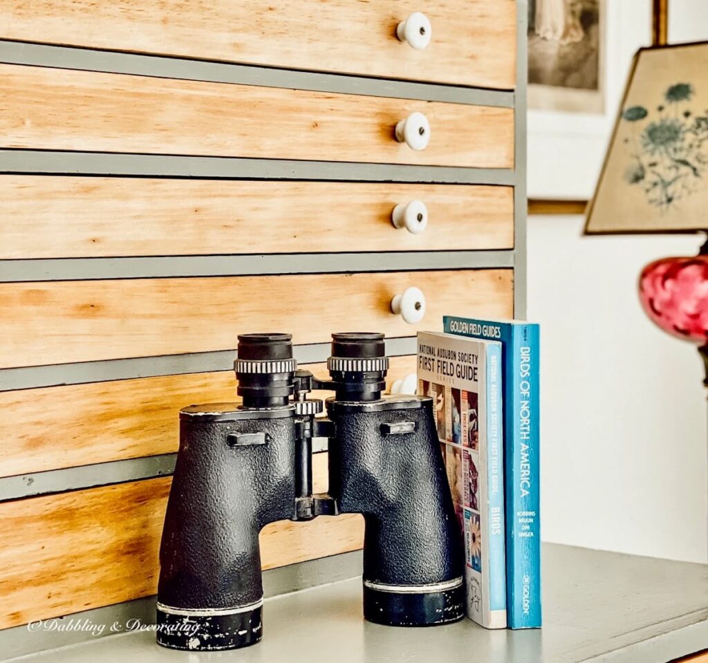 vintage binoculars with books vintage hutch styling ideas.