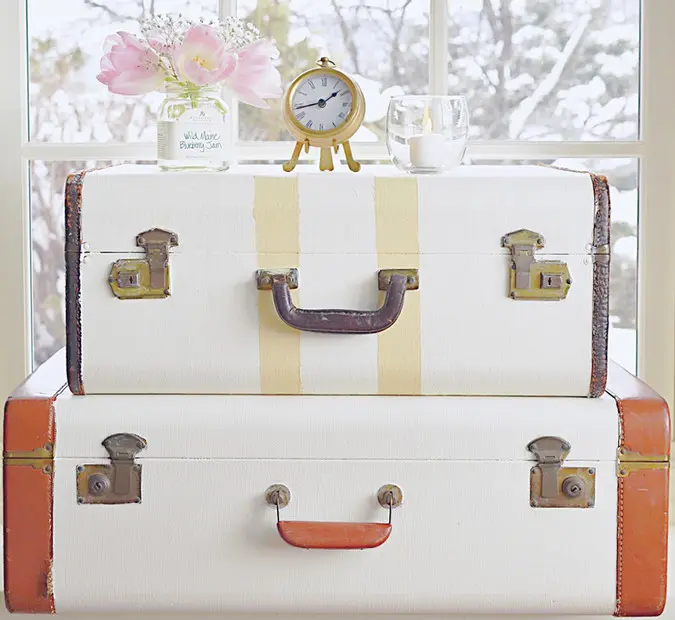 DIY Vintage Suitcases with yellow and white paint.