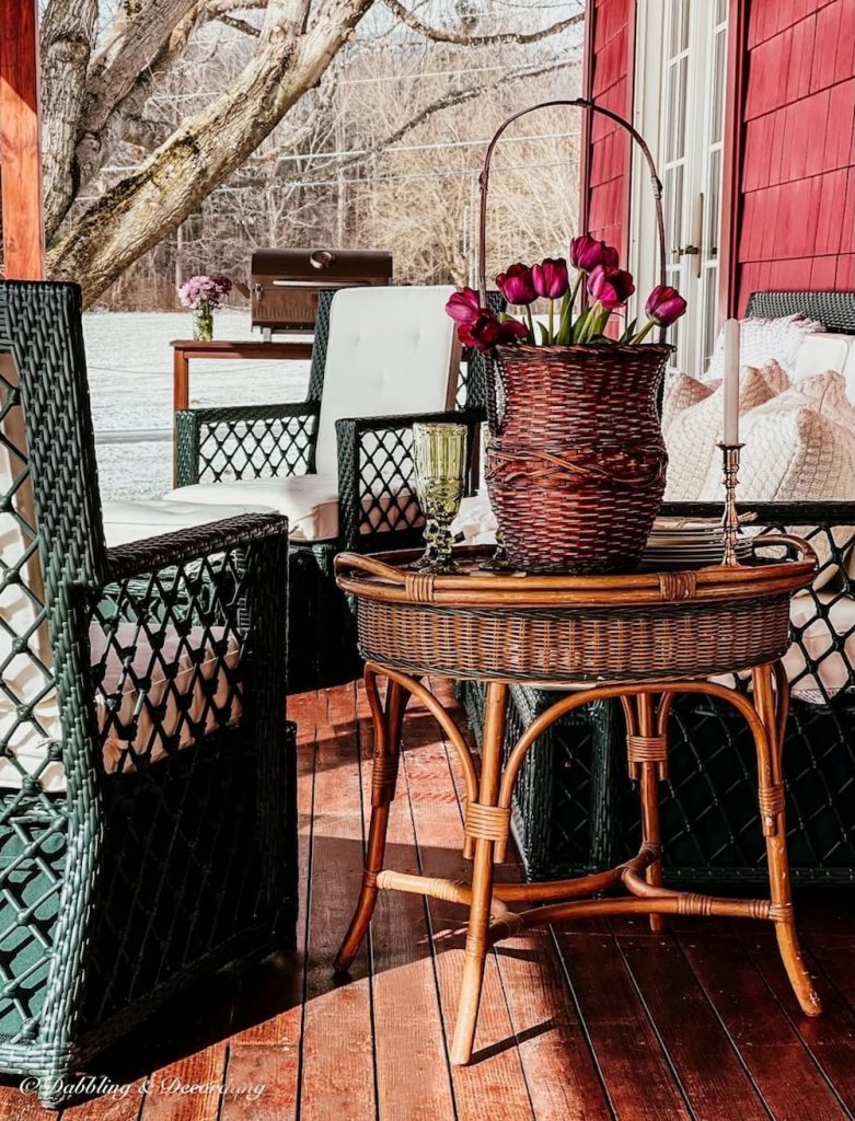 Evergreen wicker rattan furniture set on back porch with tulips.