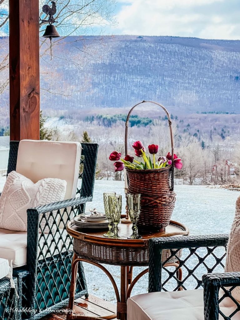 Wicker Furniture collection on back porch with snow on the ground.