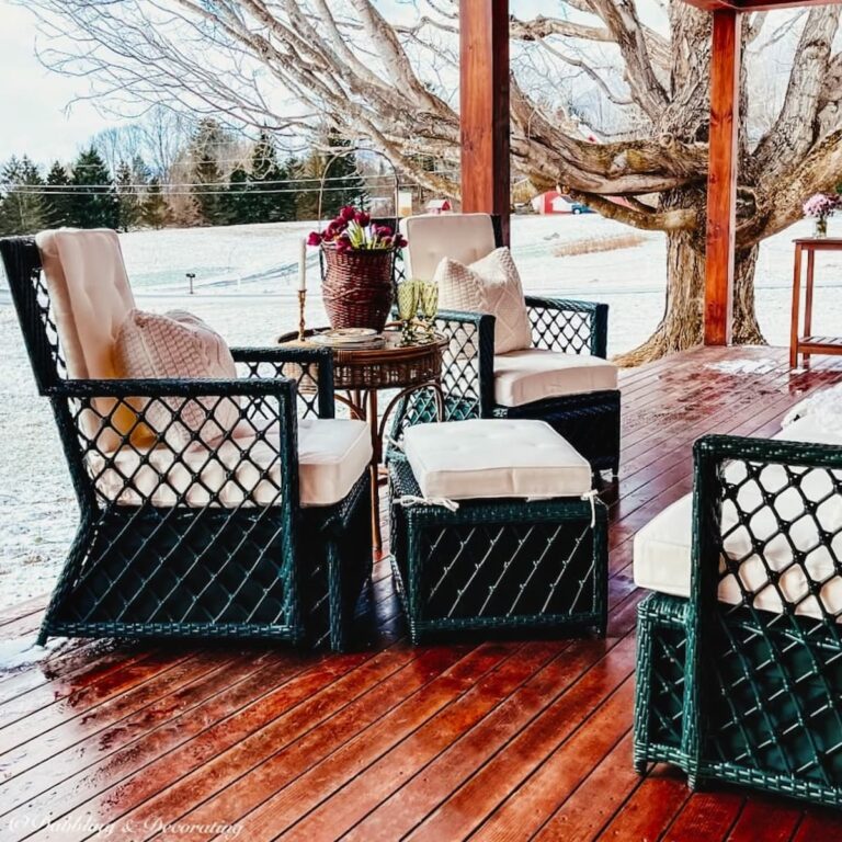 Set of all weather wicker furniture for porch furniture ideas from Front Porch with white cushions on covered porch.