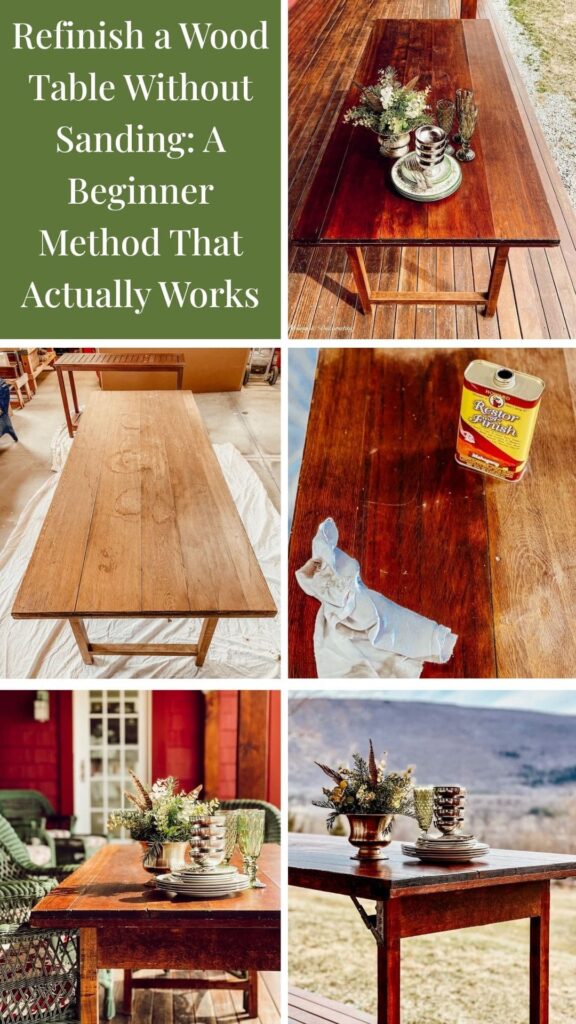 Refinish a Wood Table Without Sanding: A Beginner Method That Actually Works photo collage.