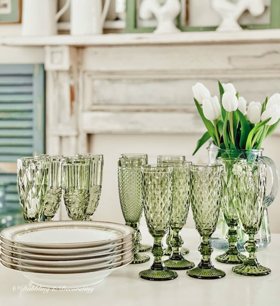 Thrifted Limoges Bowls with Green Flutes and wooden table setting chargers