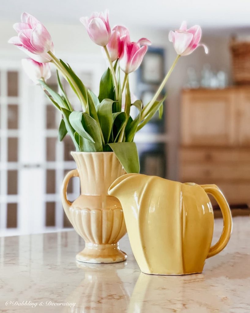 Yellow McCoy Pots with Pink Tulips