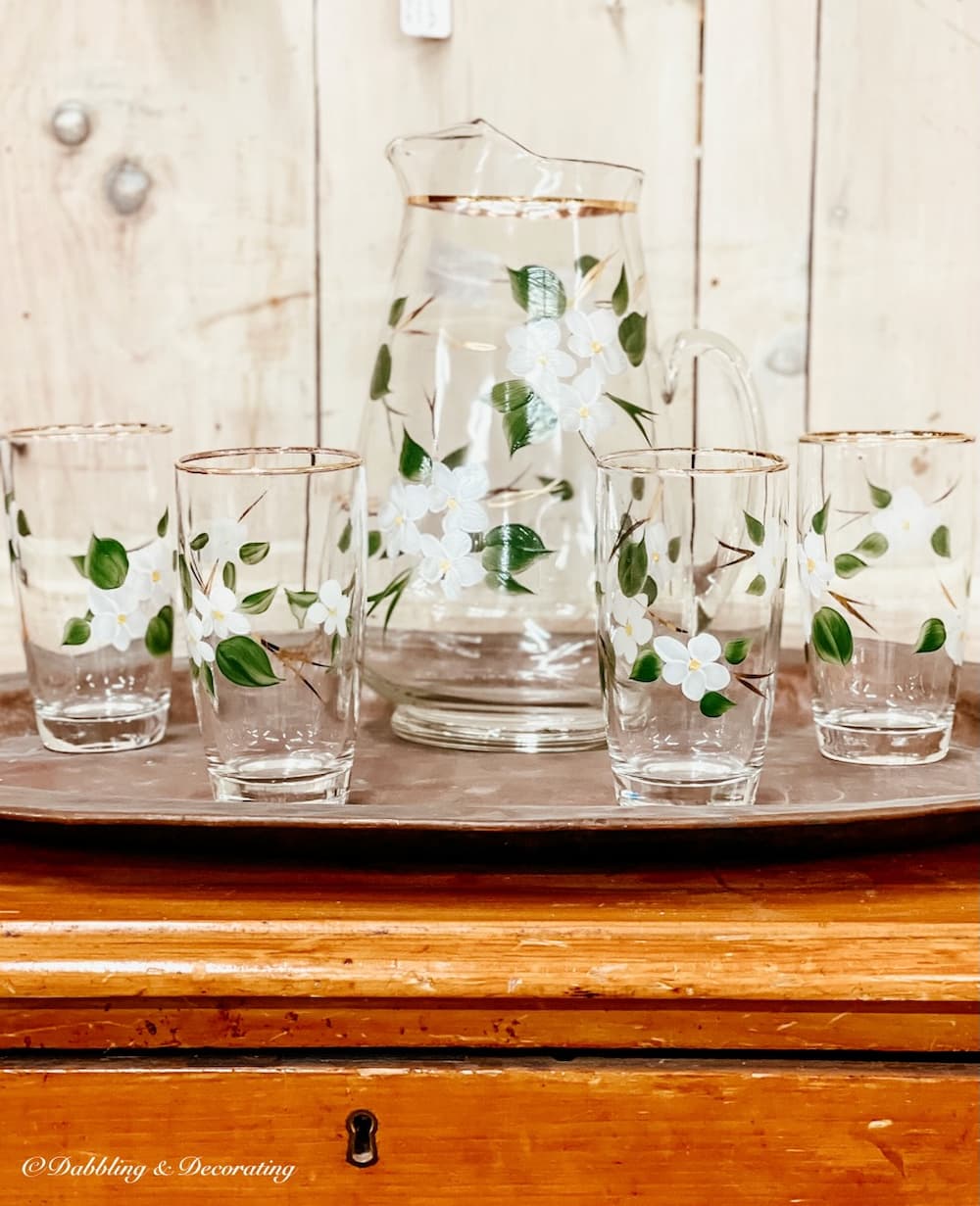 Vintage green and white lemonade set on tray.