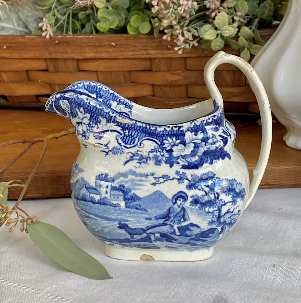 Antique 19th Century Blue Transferware Small Pitcher Shepherd Country Landscape Staffordshire England