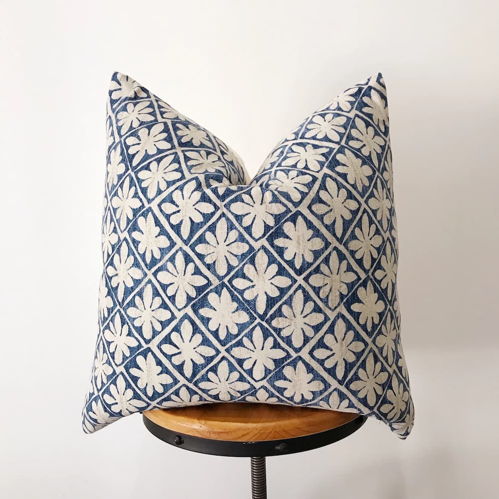 Antique blue and natural floral pillow cover