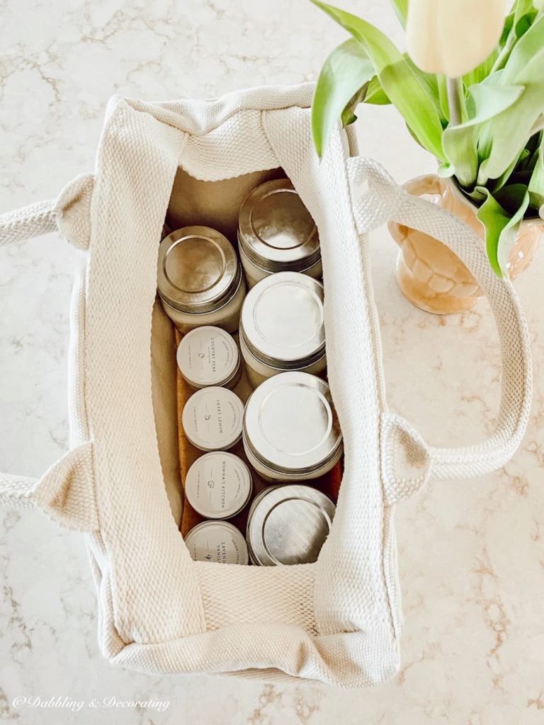 Canvas bag with 9 candles stored inside.  How to Store Candles?