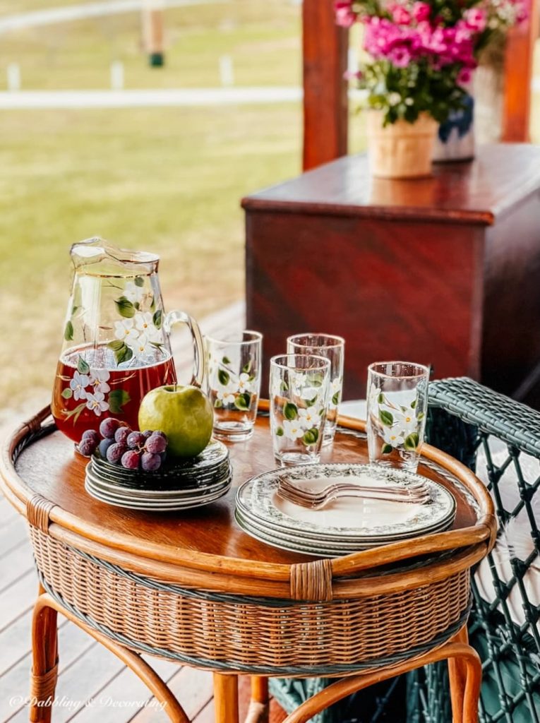 Cozy Antique Spring Back Porch with vintage Lemonade Set.