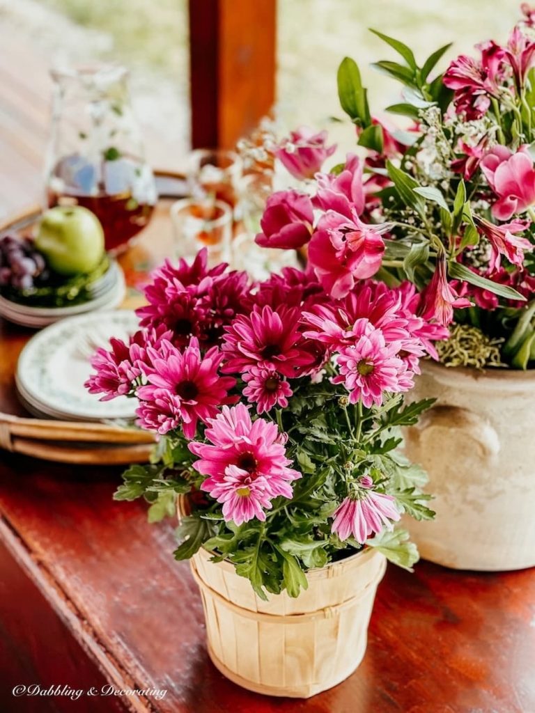 Spring Chrysanthemums in baskets.