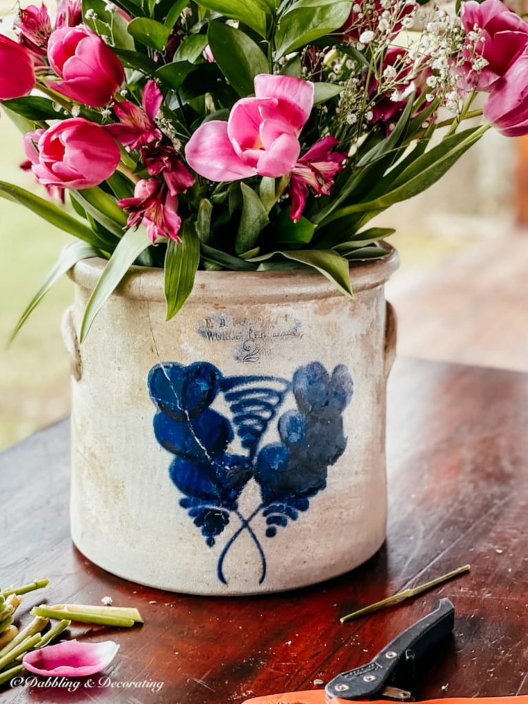 Tulips in Antique Crock floral arrangement.