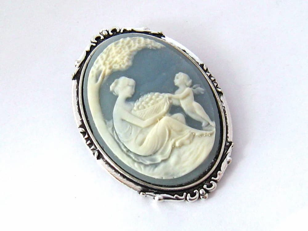 Mother Child Cameo Brooch, Blue Victorian Woman and Child Cameo Pin