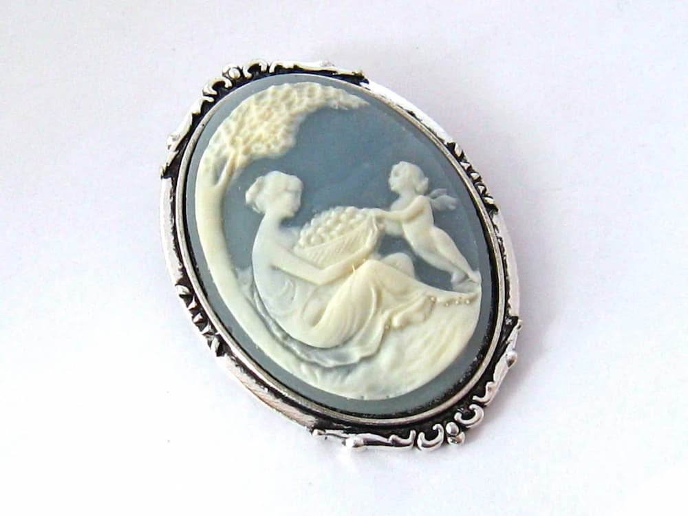 Mother Child Cameo Brooch, Blue and White Womens Day Gift idea.