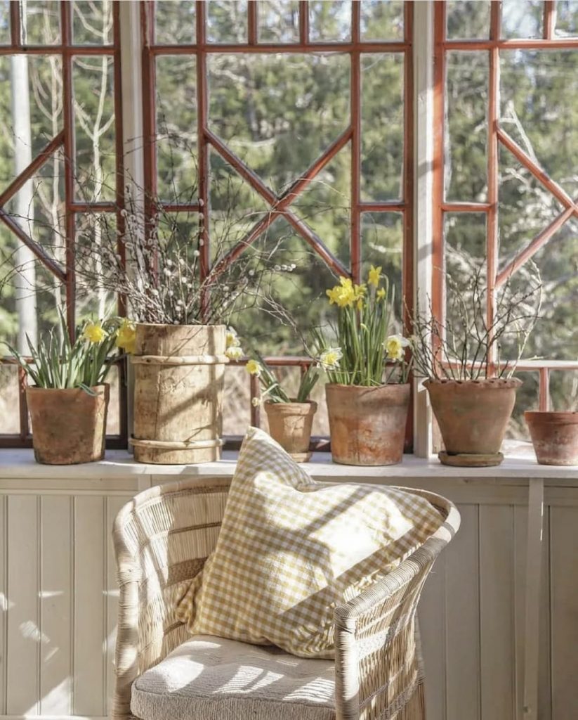A vintage wicker chair beautifully decorates a window adorned with daffodils in pots.