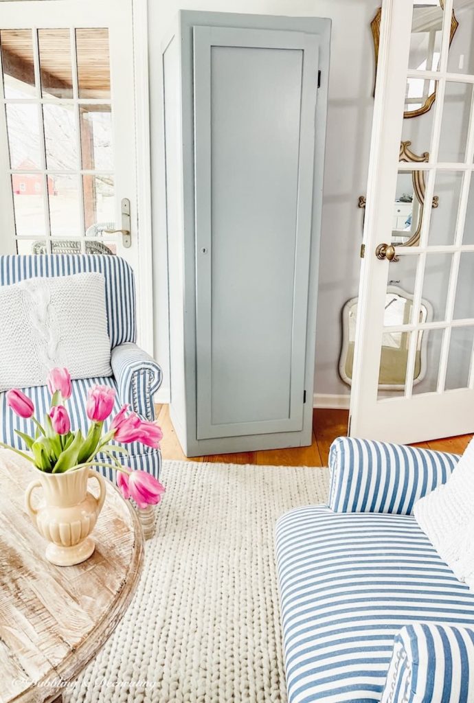 Freestanding blue wardrobe closet in sunroom.