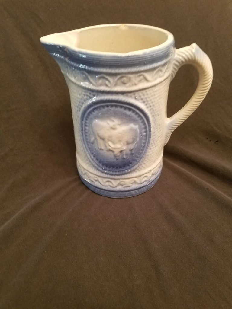 Vintage Blue and White Stoneware Pitcher with Cows