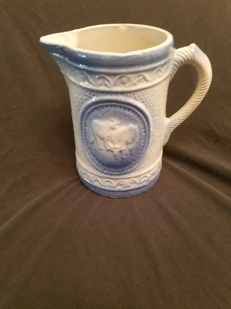 Vintage Blue and White Stoneware Pitcher with Cows