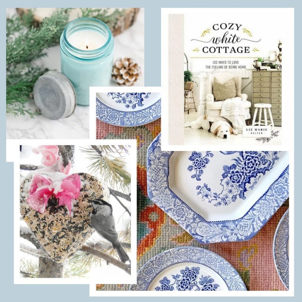 A vintage collage of blue and white plates, a bird, and a candle, perfect for home decor and decorating.