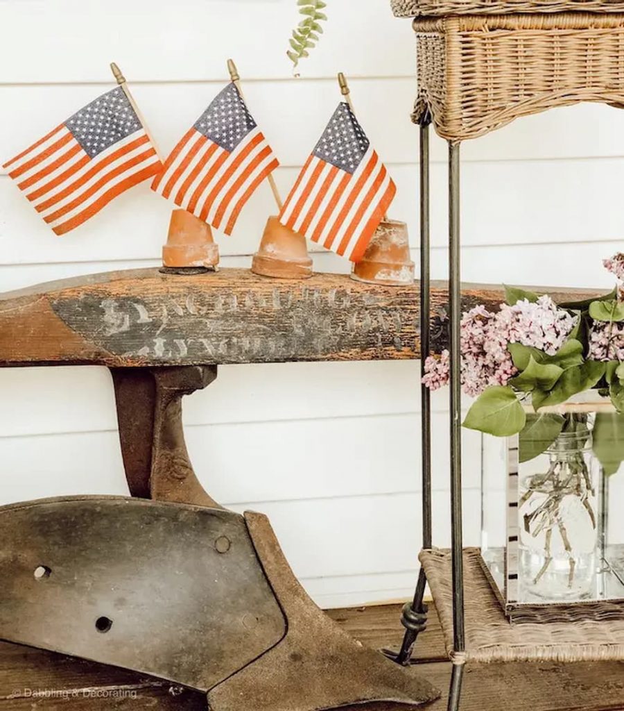 Vintage Patriotic Decor on the Porch with Lilacs.