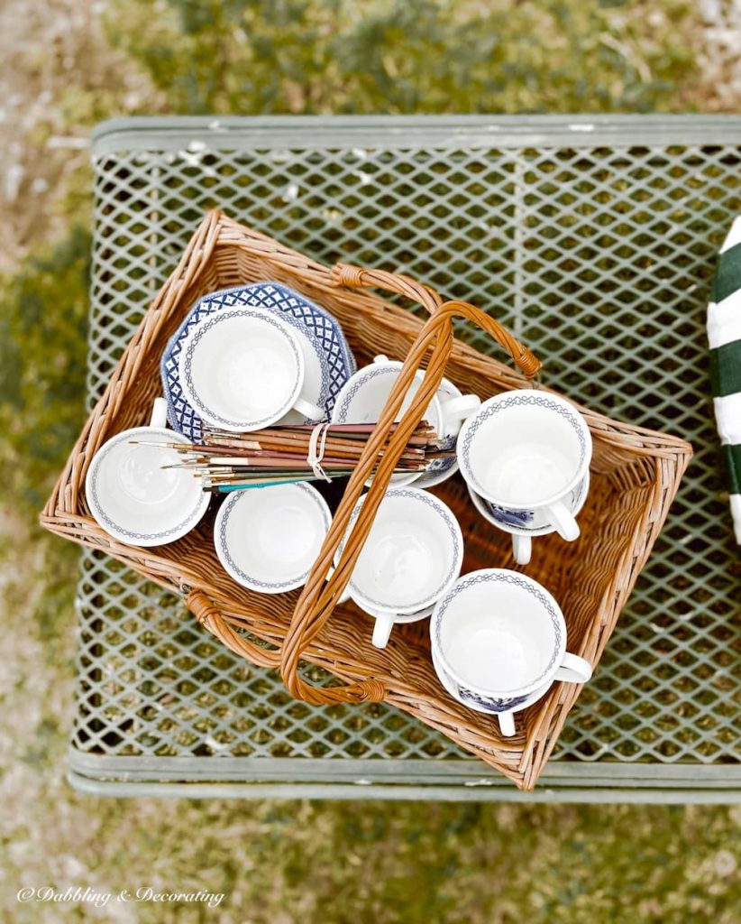 Blue and White Teacups in a Basket